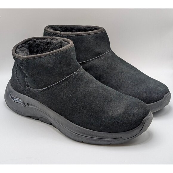 Skechers Go Walk Ankle Bootie Women's Size 9 Black Suede Arch Fit Faux Fur Lined - Picture 1 of 6